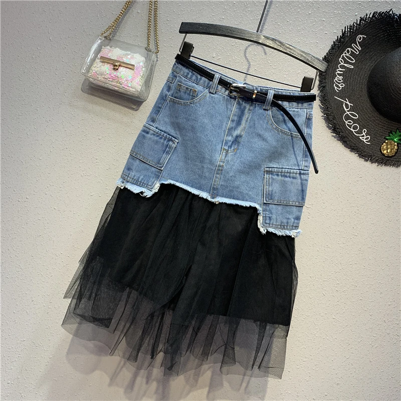 

Women Skirt Denim Patchwork Mesh A-Line Mid-Calf Length Empire Waist Irregular Spring 2019 Fashion