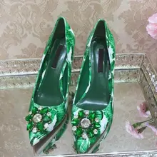 Женские зеленые туфли-лодочки на высоком каблуке с цветочным узором и кристаллами; зеленые туфли-лодочки с принтом бананов; женские туфли на шпильке 6 см или 9 см с острым носком и стразами