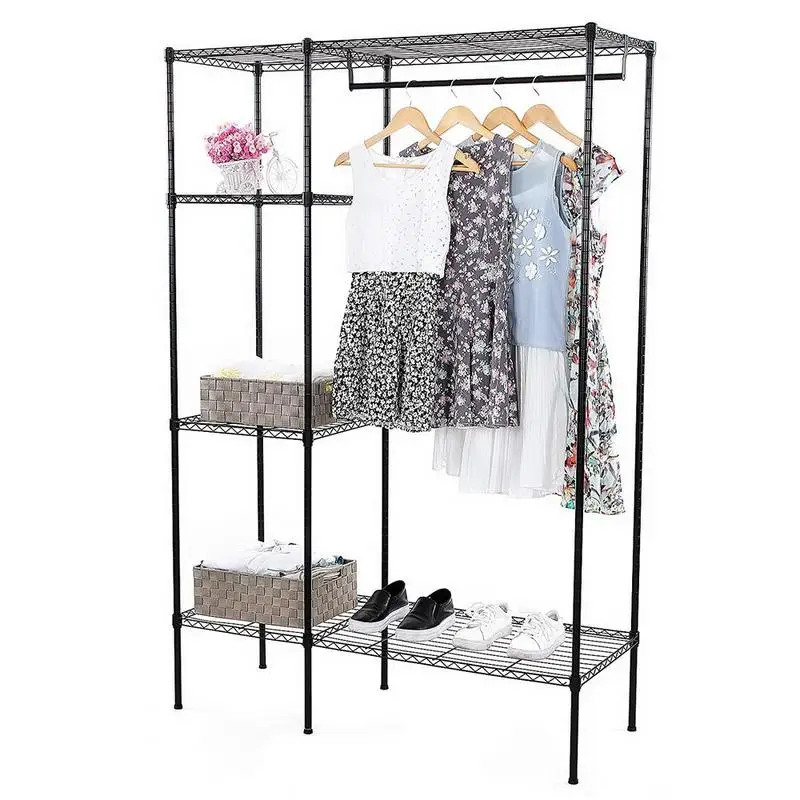 

4 Tier Closet Storage Wardrobe Clothes Garment Rack Wire Shelves Hanging Bar Solid Three-dimensional Drying Rack