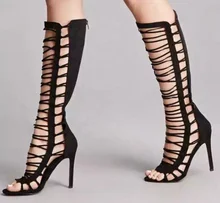 Sexy Black Suede Women Knee High Boots Peep Toe Cut-out Cross Strap Gladiator Sandals Women Thin Heel Ladies Dress Shoes цена Sexy Black Suede Women Knee High Boots Peep Toe Cut-out Cross Strap Gladiator Sandals Women Thin Heel Ladies Dress Shoes цены онлайн