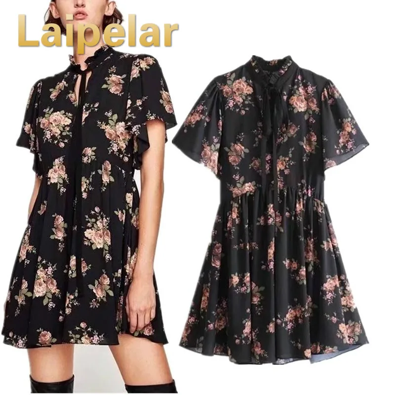 

Summer 2019 Women Vintage Floral Printed Chiffon Dress Lady Bow Tie Stand Collar Short Sleeve A-line Mini Dresses Casual Dress
