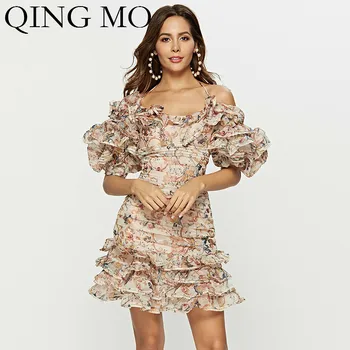 

QING MO Women Off Shoulder Dress Women Lantern Sleeve Above Knee Dress Women Irregular Floral Print Dress 2020 Summer ZQY507