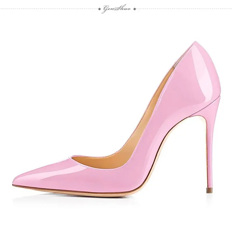 GENSHUO 2019 Women Shoes Pointed Toe Pumps Patent Leather Dress High Heels Boat Wedding Zapatos Mujer Bridal Shoe Pink Size 5-12