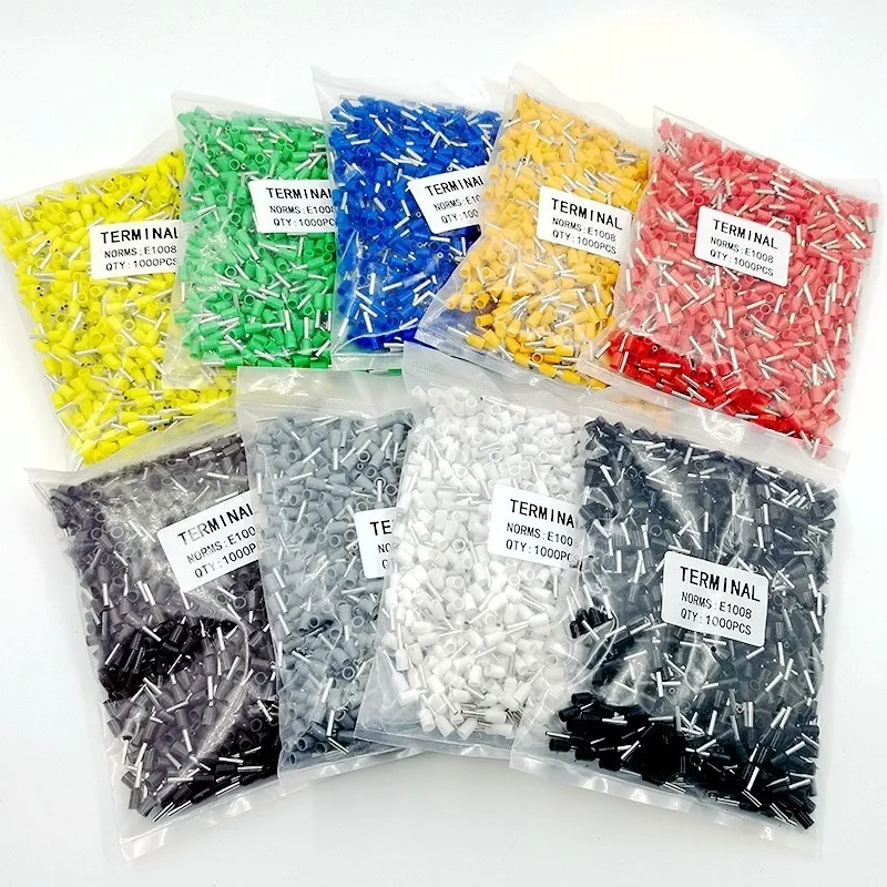 1000pcs/Pack E0508 E7508 E1008 E1508 E2508 Insulated Ferrules Terminal Block Cord End Wire Connector Electrical Crimp Terminator