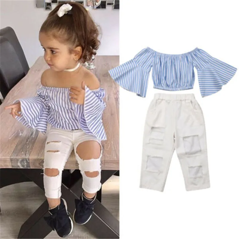 

2-6 Years Children Set Blue Striped Girls Shirt Flare Sleeveless Kids Tops White Long Hole Pants For Girls Clothing Set Suits