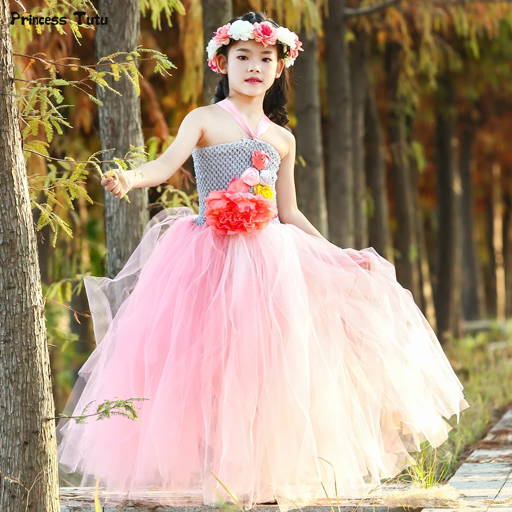 Gray Pink Flower Fairy Tutu Dress Tulle Princess Flower Girl Dress Kids ...