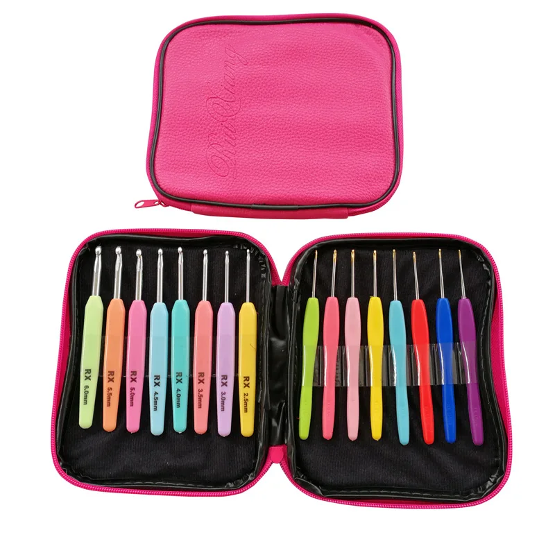 

16pcs/set Crochet Hook Soft Plastic Handle Crochet Needle Aluminum Needle with PU Case for DIY