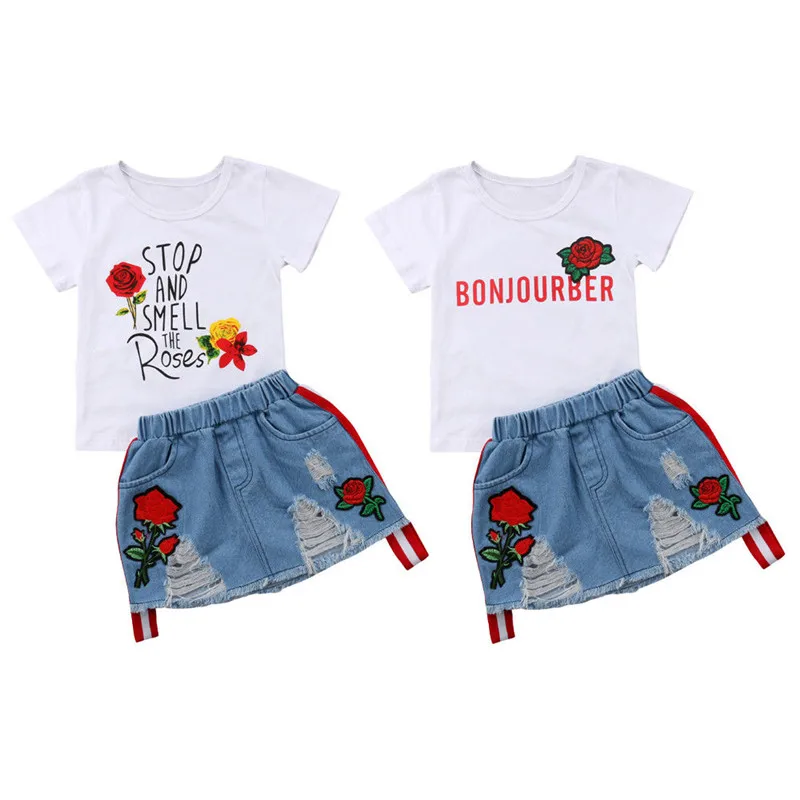 Комплект одежды для маленьких девочек из 2 предметов, футболка с цветочным принтом+ разорванная юбка, летний детский комплект