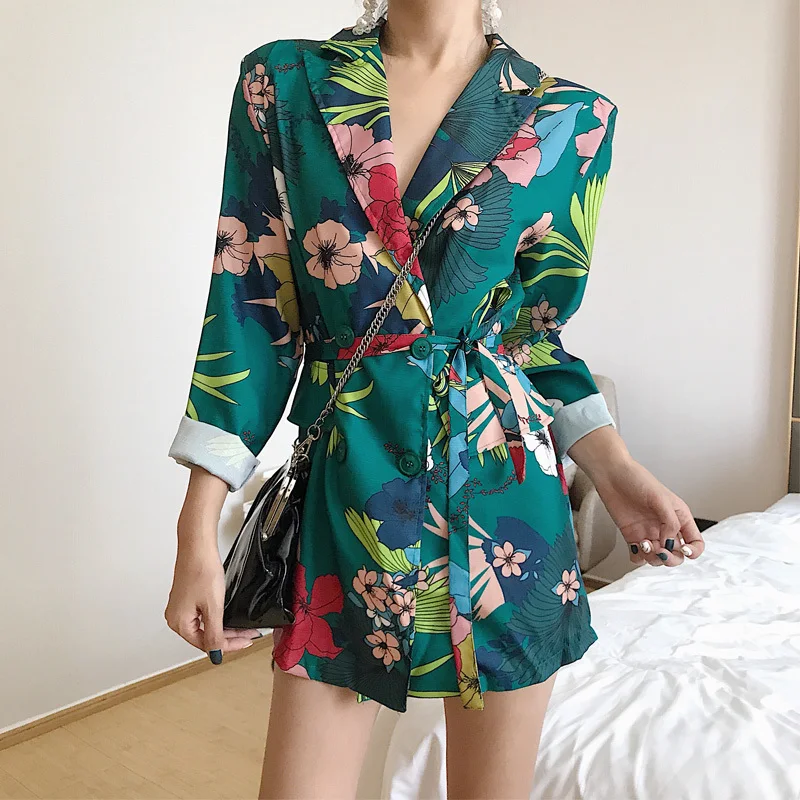 

PEONFLY New 2019 Women Blazer Pants Set Floral Print Individuality Long Sleeve Sashes Blazer Tops Women Blazer Feminino