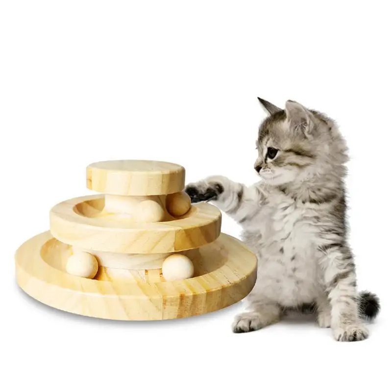 

Wooden Cat Toy Ball Pet Toy Cat Toys Intelligence Triple Play Disc Three Tower Of Tracks Puzzle Turntable Ball Pet Products