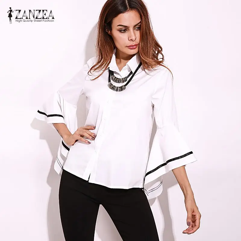 ZANZEA, женская рубашка, топы, Blusas, женская элегантная блузка с рукавами-колокольчиками, повседневная, для работы, белые рубашки, пэчворк, черная, в полоску, Blusa Feminina