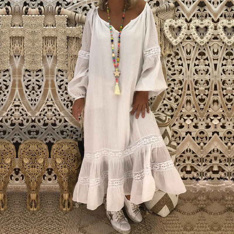 

flower Dresses Women 2019 Spring Long Lantern Sleeved Loose Dress Bohemia Holiday Solid Long Beach Dress