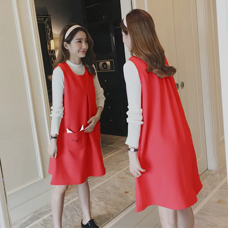 

2019 spring new maternity clothes loose sweet vest dress with pockets sweet pregnant women sleeveless a-line sundress wholesale