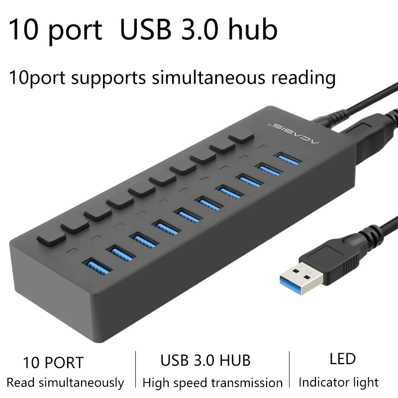 Acasis usb-хаб 3,0 Супер скорость 5 Гбит/с 10 портов Портативный Usb 3,0 концентратор разветвитель с внешним адаптером питания ПК для аксессуаров