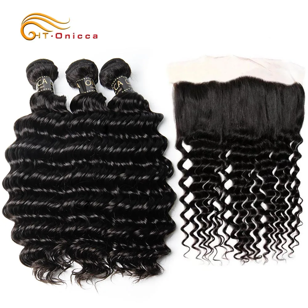 

Brazilian Deep Wave With Frontal Human Hair Bundles with Closure Ear To Ear Lace Frontal Closure Remy Hair Extensions
