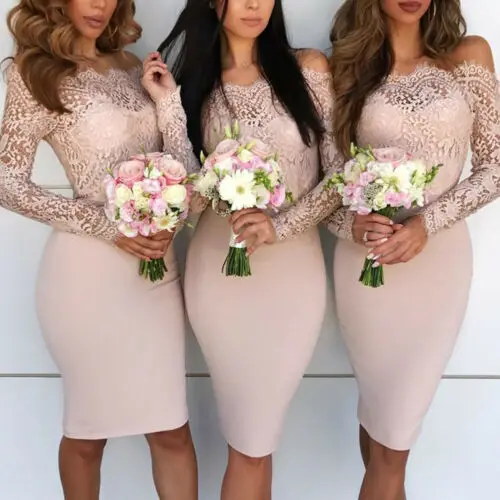 

Spring Autumn Sexy Women's Lace Off Shoulder Long Sleeve Wedding Party Evening Beach Party Short Slim Dress NEW