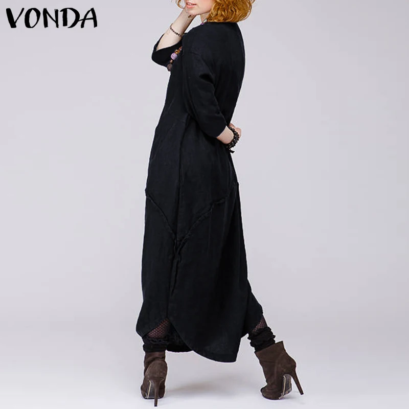 VONDA размера плюс, женское длинное платье макси, осень, повседневное, свободное, о-образный вырез, пэтчворк, черные платья, Ретро стиль, длина до лодыжки, Vestidos