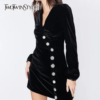 

TWOTWINSTYLE Elegant Diamond Velvet Dresses Women Slim Long Sleeve Black Mini Dress Female 2020 Autumn Fashion Clothes Big Sizes