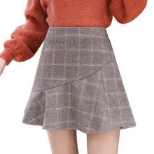 Осенне-зимние женские трапециевидные клетчатые юбки Русалка для девочек, Мини шерстяные юбки для женщин