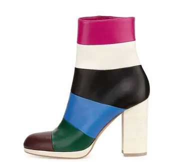 

Summer Women Ankle Boots in Mixed Color Round toe Riding Shoes Ankle Zipper PU Leather with High Square Heel Casual