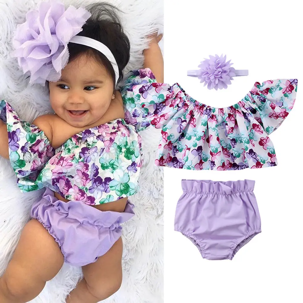 Pudcoco Girl Set 0-24M US Newborn Baby Girl Clothes Off Shoulder Floral Tops Shorts Headband Outfit Set