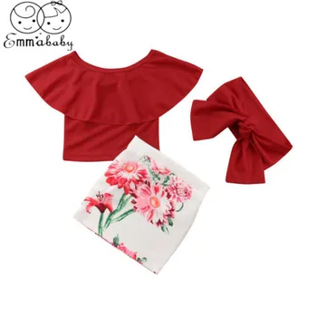 

2019 European New Summer Girls Clothes Baby Girl Toddler T-shirt+Headband+Flower Skirt 3PCS Outfit