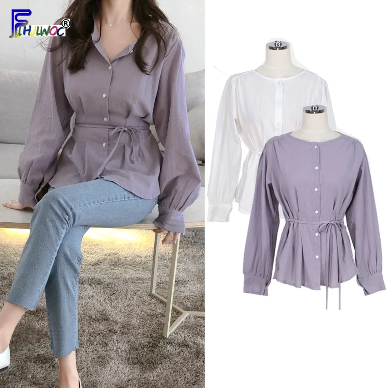 

Cute Sweet Tops Women Korean Japan Preppy Style Girls Ladies Design Belt Bow Tie Purple White Button Shirt blusas femininas