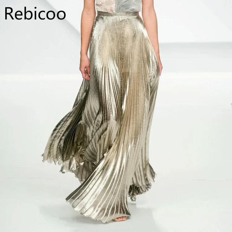 

False Silk Elastic Waist Long Pleated Skirt High Waist Skirts Fashion Women Spring Autumn Winter Summer Skirt Wear