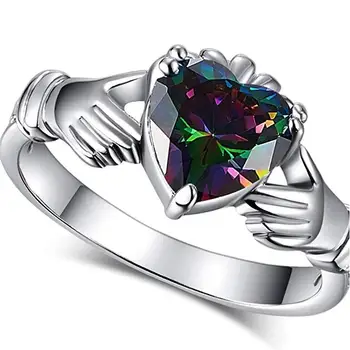 

Huitan Fashion Heart Claddagh Ring with Rainbow CZ Prong Setting Silver Plated Fashion Jewelry Best Lover Gift Rings for Women