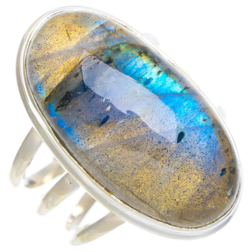 Натуральный голубой огненный Лабрадорит ручной работы, уникальные кольцо из стерлингового серебра 925 7,25 A1003