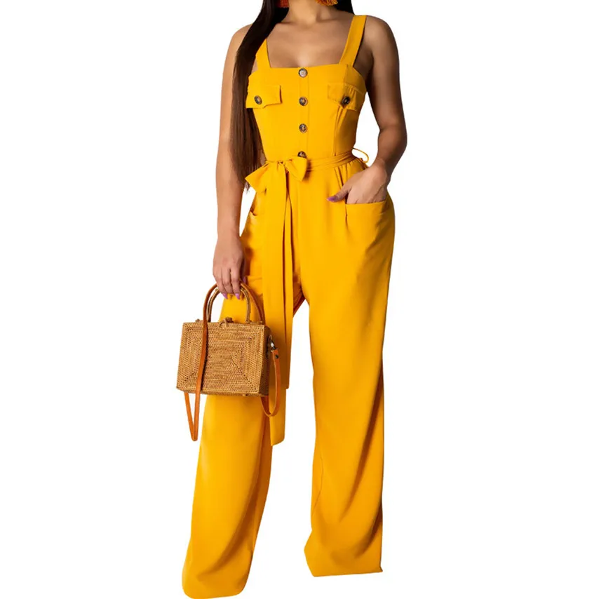 

Summer Sleeveless Buttons Belt Sexy Jumpsuit Women Elegant Wide Leg Playsuit Casual Lady Vintage Overalls