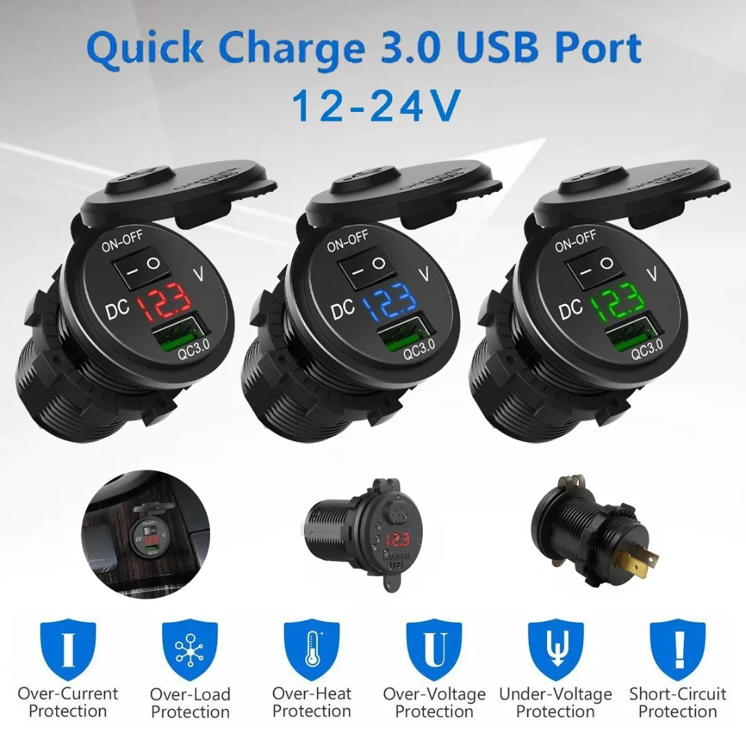 QC 3.0 USB دراجة نارية قارب شاحن سيارة محول مأخذ التوصيل LED الفولتميتر مع التبديل مهايئ شاحن المقبس ل دراجة نارية شاحنة