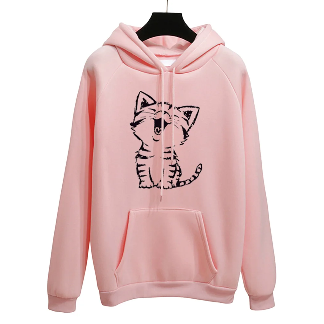 Women Girls Harajuku Hoodies Sweatshirt Kawaii Pink Winter Cat Pattern ...