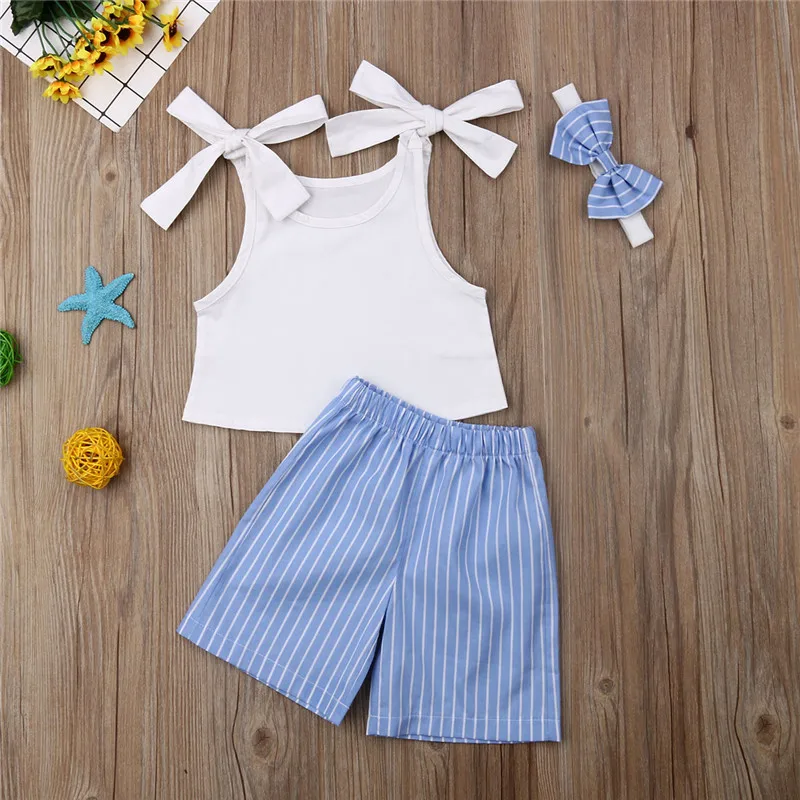

Summer Sleeveless Lace-up White Vest Tops+Striped Flared Pants+Bow Headband Casual Kids Baby Girl Clothes Sets 3Pcs Outfits 1-6Y
