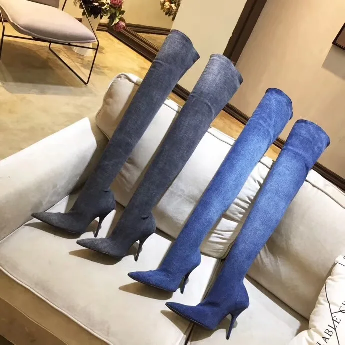 Sexy Haute As Hauts Bottes Chaussures Stretch Runwa Cheville Pic Denim Pic Bérets De Conception Bout Genou Talons D'été Printemps Femmes Femme as 2019 Pointu vxqfRww