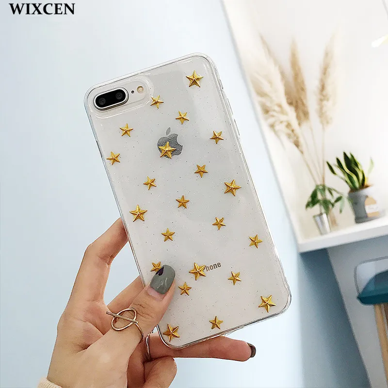 

Wixcen Golden Stars Gitter Phone Case for Iphone 7 6s 8 Plus Case Transparent Soft Tpu Silicone Back Cover Case for Iphone X