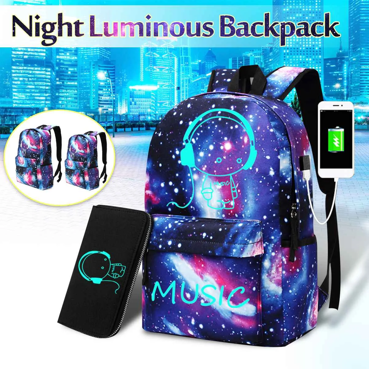 

New Waterproof Night Luminous Backpack Built-in USB Charging Slot Multifunction Music Boy Backpacks Storage Bags For Teenager