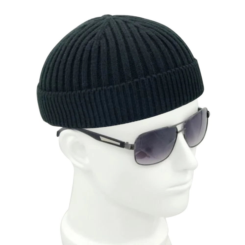 Vintage Fashion Men Knitted Hat Beanie Skull cap Sailor Cap Cuff Brimless Black Navy Grey Retro