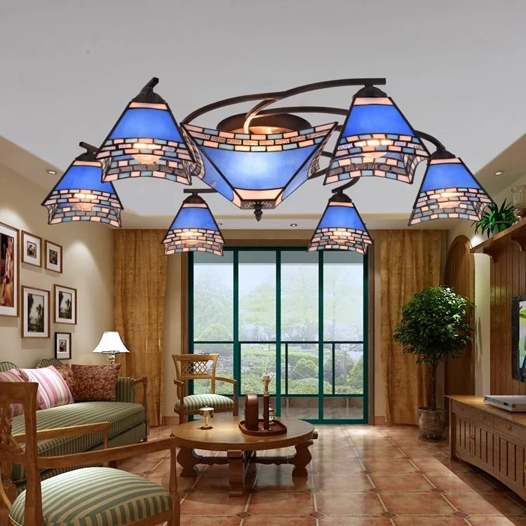 

European Baroque E27 110-240v Pastoral Ceiling Light Tiffany Round Glass Lampshade Lamparas De Techo Abajur