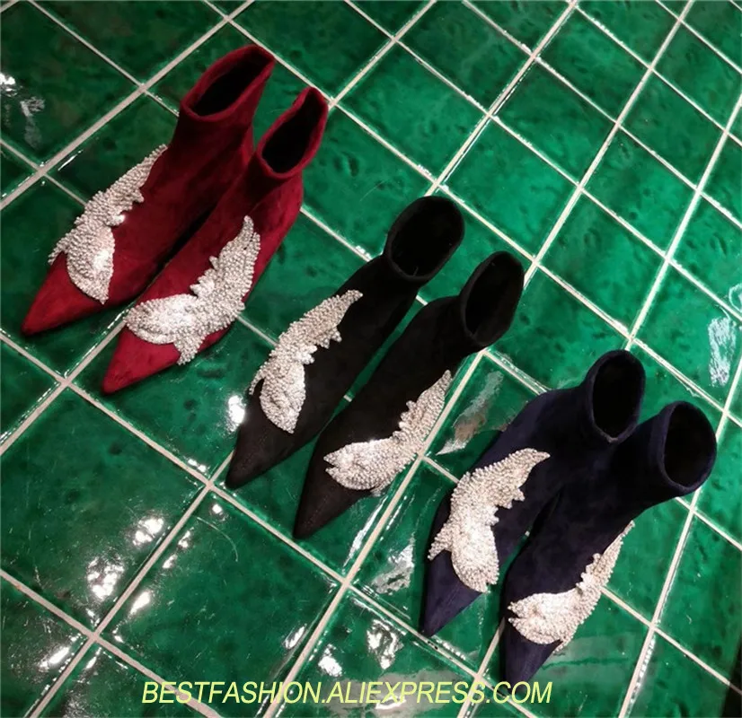 Main Muller Femelle Femmes Extensible Troupeau Chaussures as À Bout Tissu Picture Picture Aile Bottes Cuir Coudre As Pointu Minces Bottines Glitter En Strass pp47Urq