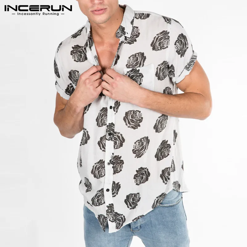 INCERUN 2019 روز طباعة عارضة قميص الرجال زر قصيرة الأكمام طية صدر السترة الرقبة قمم Camisa الأزياء قميص هاواي صيفي الرجال S-5XL الشارع الشهير