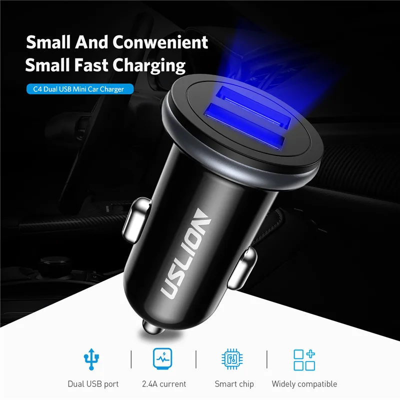 USLION مصغرة المزدوج USB شاحن سيارة للهاتف 5 V 2.1 الهاتف المحمول شاحن آيفون سريع USB مهايئ شاحن ل سيارة ل أقراص