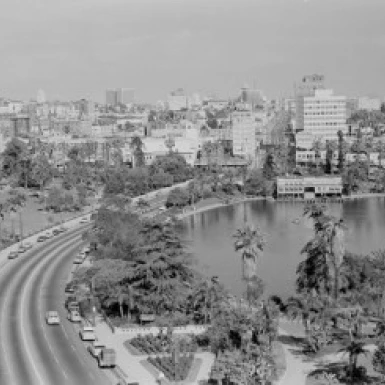 USA California Los Angeles McArthur Park Wilshire Boulevard looking toward Civic Center Poster Print (24 x 36) | Дом и сад