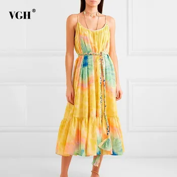 

VGH Summer 2019 Casual Female Dress Sleeveless Off Shoulder Backless Hit Color Patchwork A Line Women's Dresses Fashion New
