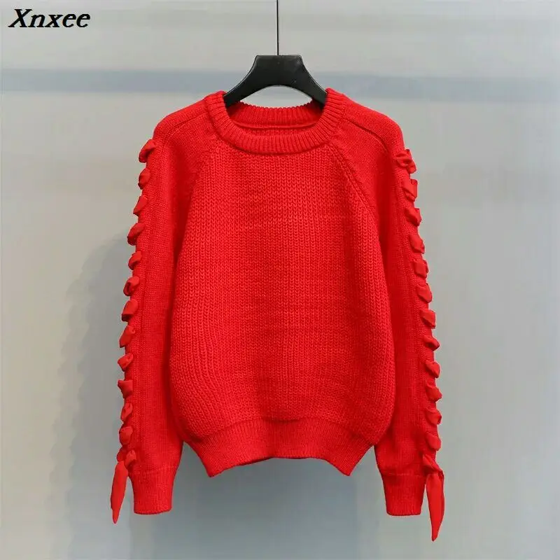 Xnxee Apricot Sleeve Lace Up Loose Sweater 2019 Fall Women New Red Sweaters thick Pullovers Knitted Tops