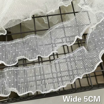 

5CM Wide White Dot Embroidery Pleated Lace Applique Folded Sewing Lace Elastic Ruffle Trim Collar Dress Garment DIY Sewing Decor