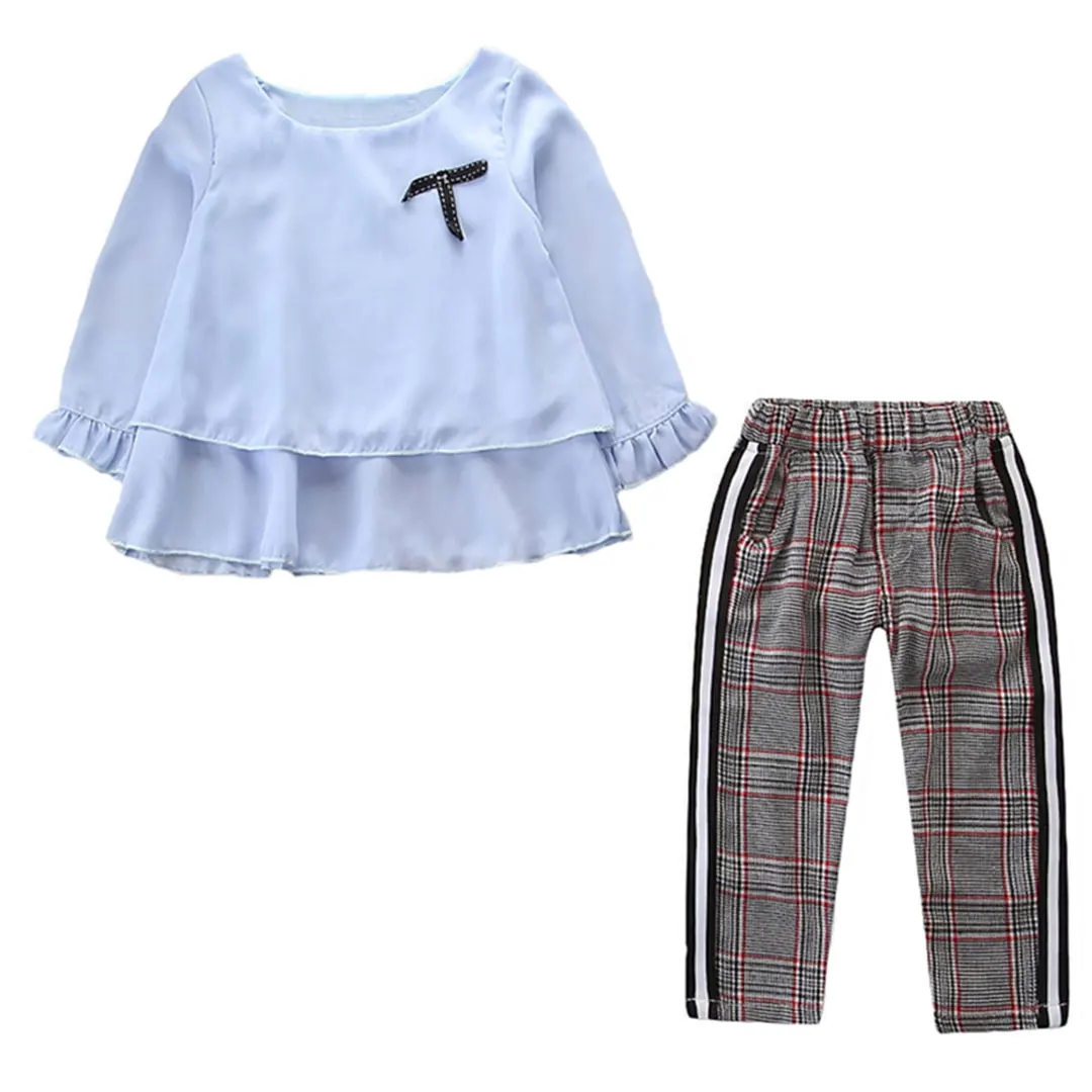 

1-6y toddler girl cloths spring 2pcs chiffon white top + lattice pants suit fashion Bow outfit kid