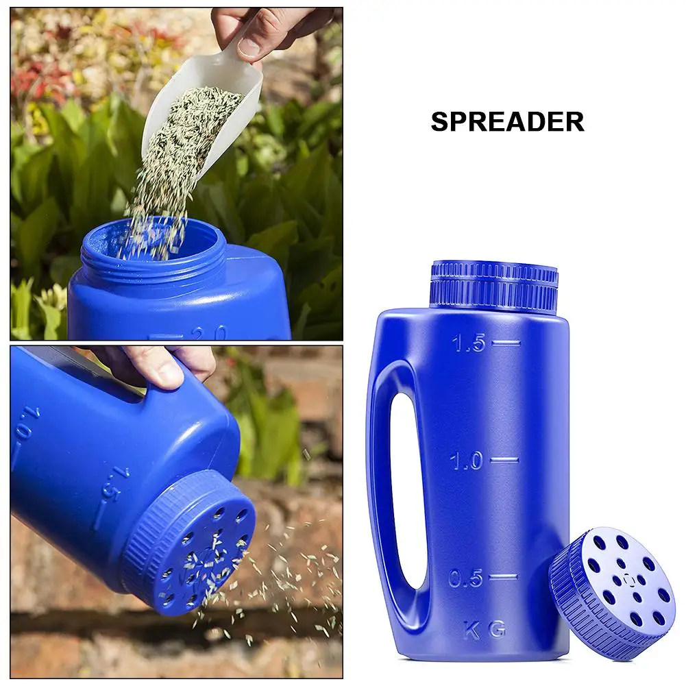

2L Hand Held Spreader in Blue. Adjustable Hole Size for Seed, Fertiliser, Salt to Deice or any size Granule Complete with Scoop