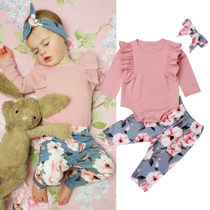 Комплект из 3 предметов, Осень-зима, новые милые комплекты для маленьких девочек розовый комбинезон с оборками и рукавами Топы+ штаны с цветочным принтом+ повязка на голову