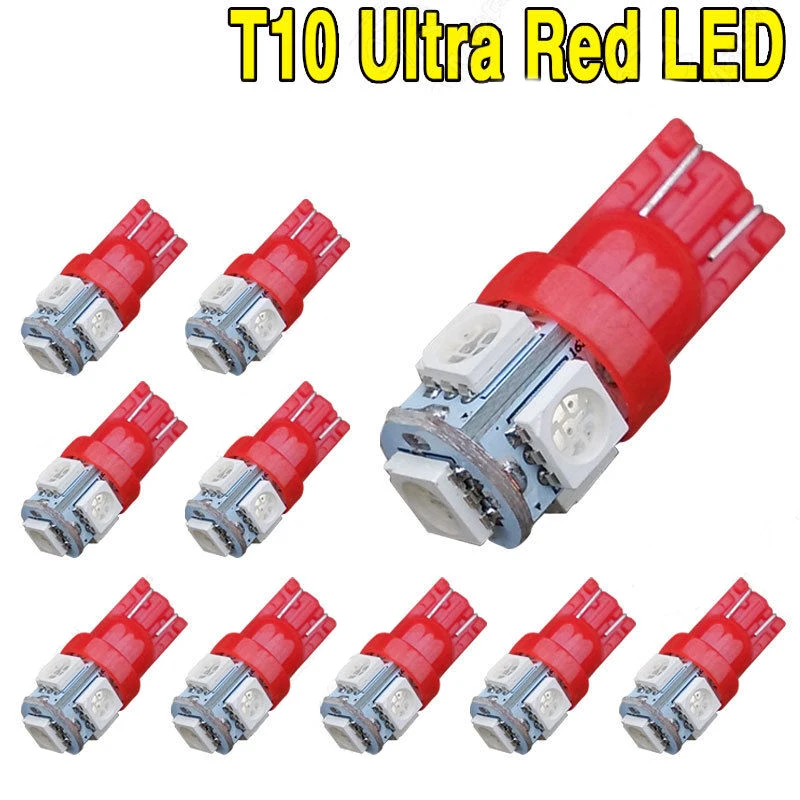 

10 X Red T10 5050 5-SMD Car Interior License Plate Map Dome LED Light Bulbs W5W